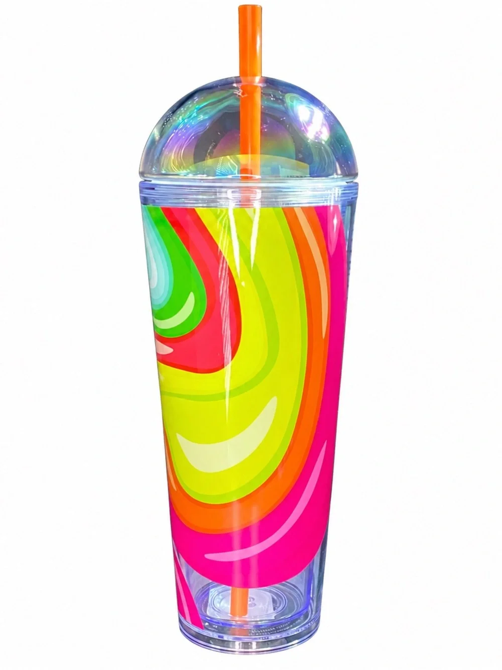 Starbucks 24oz Rainbow Swirl Cold Cup Iridescent Dome Lid Orange Straw NEW